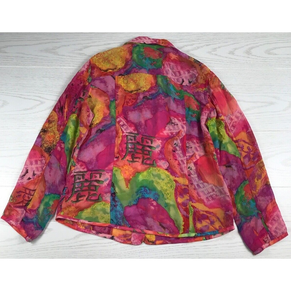 Vintage 90s Silk Shirt Women 8 Chicos Pink Floral Asian Long Sleeve Button Up